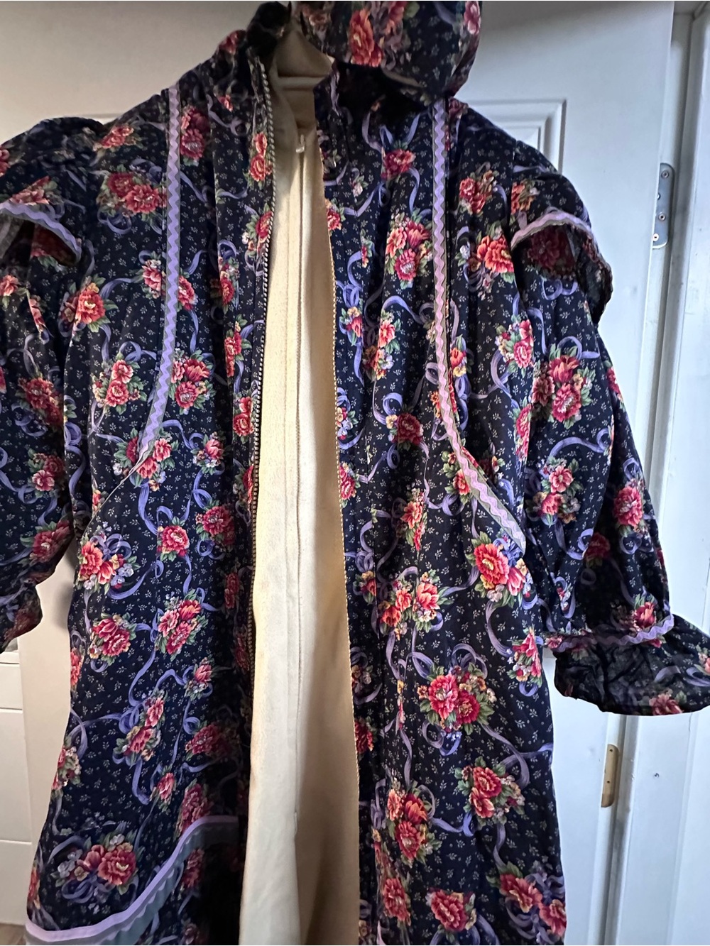 Handmade Wool Inuit Coat w/overcoat Navy Puff-Sleeve Coat with Lavender Trim